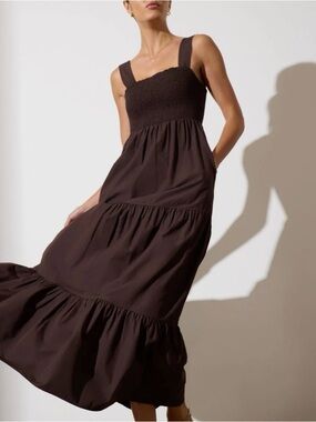 Summertime Resort Ready Smocked Brown Feminine 3Tired Silhouette Maxi DressSmall